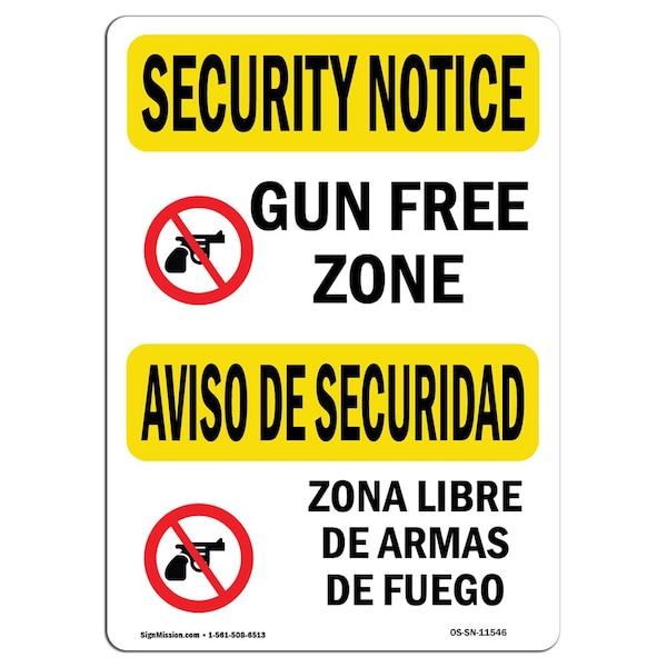 OSHA Security Sign, 3.5" Height, 5" Width, Gun Free Zone Bilingual, Landscape, 10PK